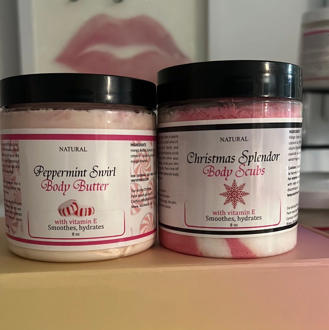 Holiday peppermint Swril and Christmas Splendor Sugar Foaming scrub
