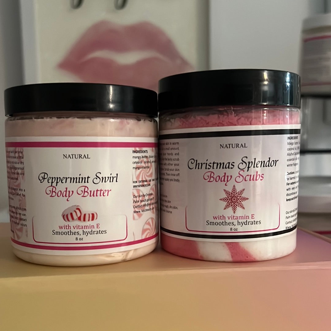 Holiday peppermint Swril and Christmas Splendor Sugar Foaming scrub